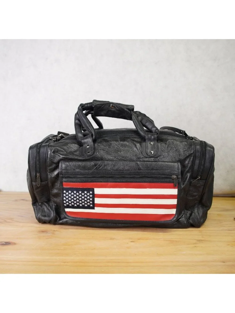 Vintage Genuine Leather Duffle Travel Bag With American Flag Pocket 20